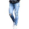 HUNGSON Jeans Uomo Slim Fit Blu Chiaro Strappato Denim Destroyed, Blu, L