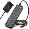 RSHTECH Hub USB Alimentato, RSHTECH Hub USB 3.2/USB C a 10 Porte con Porte Dati USB-A 3.2 e 2x USB-C 3.2 10Gbps, 7 Porte USB-A 3.0 e Alimentazione 12V/5A 60W, Interruttori Individuali USB HUB, RSH-ST10C