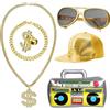 Hpbaggy 6 Pezzi Costume Hip Hop con Cappellino/Catena da Dollari/Anello Dollaro/Braccialetto Oro/Occhiali Dorati/Radio Gonfiabile,Accessori Rapper 80/90s per Carnival
