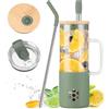 BLUEGO 600 ml bottiglia d'acqua in vetro con coperchio in bambù e cannuccia per caffè freddo, Tazze in vetro con manico in silicone e coperchio protettivo, senza BPA, Verde oliva