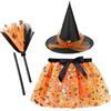 JINGTOPS 3pz Set Vestito Strega Halloween Bambina,Zucca Gonna Tulle Costume Halloween con Cappello Strega Donna e Scopa,Giochi Bambini 3-8 Anni,Accessori Strega Bambina Carnevale Accessori Halloween
