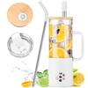 BLUEGO 600 ml bottiglia d'acqua in vetro con coperchio in bambù e cannuccia per caffè freddo, Tazze in vetro con manico in silicone e coperchio protettivo, senza BPA, Bianco