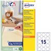 Avery Italia L4853REV-25 Etichette adesive in carta bianca adesivo rimovibile nessun residuo, 25 fogli A4, rotonde diam 51mm, 15 etichette per foglio, adesivo rimovibile, stampanti laser e inkjet