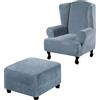 Thdsubb Copripoltrona con Orecchie Copertura Ottomana Velluto Copri Pouf Copri Ottomano Fodera per Poggiapiedi Fodera per Sedia Ad Ala (Grigio Blu,Sedia ad Ala+Quadrato L)
