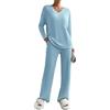 Joligiao Tuta da Donna in 2 Pezzi - Completo Elegante in Maglia Con Pantaloni a Gamba Larga e Maglione Manica Corta Girocollo - Set Loungewear Autunnale Invernale (Blu, L)