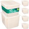 BAKAJI Set 4 Contenitori con Coperchio per Vesiti in Plastica con Ruote, Portaoggetti Impilabile per Stoccaggio Vestiti, Scatole per armadio, Giocattoli, Libri, Salvaspazio (4 x 45 Lt Beige)