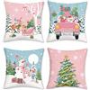 Bonhause Federe per Cuscini Natale Rosa Blu 45 x 45 cm Copricuscini Decorativi Renna Pupazzo di Neve Alberi di Natale Federa per Cuscino Divano Casa Inverno Decorazione Set di 4