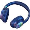 Fiauli Cuffie Bluetooth, riduzione del rumore, audio stereo, cuffie senza fili con luce flash, 400 mAh, cuffie stereo wireless over-ear alimentate a batteria per il gioco Blu