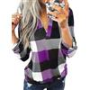 Cuptacc Camicia Donna Elegante A Quadri Maglietta Donna Maniche Lunghe Tunica Blusa Scollo A V Shirt Top Viola 2XL