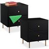 Relaxdays Comodini con Cassetti per Camera da Letto, 2 Tavolini Laterali da Divano Salotto, HLP 52x45x40 cm, Nero Oro, Fibra di Legno, Set 2