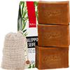 Natura Germania® Set di 3 saponi originali di Aleppo 80% olio d'oliva / 20% olio di alloro, ciascuno circa 200 gr (circa 600 gr in totale) + sacchetto per sapone in sisal | Sapone naturale