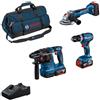 Bosch Kit 3 elettroutensili 18v bosch professional gsb 18v-45 + gws 18v-10 + gbh 18v-22 + 2 batterie da 5,0 ah + 1 batteria da 5,5 ah (pc) + gal 18-40