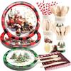Kalolary 192 pezzi Festa di Natale Dessert Dinner Set Serve 24,ospiti Piatti di Natalizio di carta, tazze, tovaglioli, Set di stoviglie perfette per Natale (Auto Rossa e Albero Verde)
