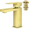 Faustina Rubinetto per Lavabo da Bagno e Piletta Pop Up con Troppopieno, Rubinetto Miscelatore Monocomando per Bagno Quadrato in Acciaio Inossidabile Oro