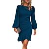 HSAJS Vestiti Donna Vestito a Maniche Lunghe con Scollo Rotondo Abito Elegante Corto con Ruches Tinta Unita Elasticizzato Midi Abiti Vestiti per Autunno Primavera