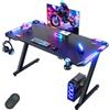 Devoko 120 x 60cm Scrivania Gaming LED, Tavolo Gaming Ergonomica, Scrivania per Computer con Porta Bicchiere e Ganci per Cuffie, Postazione con Piano del Tavolo in Fibra di Carbonio, Nero