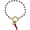 stylen Bracciale Donna con cristalli neri e ciondolo cornetto rosso portafortuna e cuore sacro oro. Realizzato a mano.