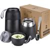 VITONIS Thermo per Alimenti 2 Pezzi 500ml & 700ml, Contenitore Termico per Alimenti di Acciaio Inossidabile con Cucchiaio Pieghevole, Isotermico Sottovuoto per Cibi Caldi e Freddi(Nero)