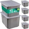 BAKAJI Set 4 Contenitori con Coperchio per Vesiti in Plastica con Ruote, Portaoggetti Impilabile per Stoccaggio Vestiti, Scatole per armadio, Giocattoli, Libri, Salvaspazio (4 x 45 Lt Grigio)