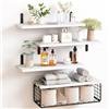 BAKAJI Set 4+1 Mensole da Parete in Legno Massiccio, Scaffali a Muro Multiuso, Staffe e Cestino in Metallo, Scaffalatura per Camera da Letto, Soggiorno, Cucina, Bagno, Libreria, Salvaspazio (Bianco)