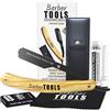 BARBER TOOLS Rasoio da barba Tradizionale - Rasoio a mano libera/Rasoio da barbiere Lama intercambiabile + 5 doppie lame (10 Lame Semplici) + Panno + Custodia ✮ BARBER TOOLS ✮