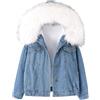 Suncadmious Donne Collo di Pelliccia Giacca di Denim con Cappuccio Spesso Velluto Shaggy Sciolto Bomber Giacca di Jeans Caldo Pile Foderato Cotone Imbottito (Bianco,M)
