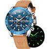 OLEVS Orologio da uomo al quarzo multifunzionale cronografo marrone cinturino in pelle impermeabile sport luce notturna moda calendario simulazione orologio, 9957- Guscio bianco con quadrante blu,