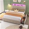 Gomyway Letto matrimoniale con testiera USB, letto estraibile, letto imbottito con illuminazione LED e 2 cassetti, 160x200 cm, Senza materasso, Beige