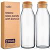 volila Caraffa Acqua - (2 Pack) Bottiglie Vetro 1 Litro - Caraffa Vetro Coperchio Sughero per Barattoli di Bevande Fredde, Latte e Succhi - Bottiglia Vetro con Etichette Impermeabili Stampate