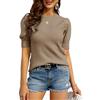 Saodimallsu Puff - Maglione da donna, a maniche corte, con scollo rotondo, leggero, elasticizzato, basic, cachi, S
