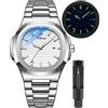 Gosasa - Orologio da uomo alla moda, in acciaio inox, movimento al quarzo, luminoso, impermeabile, con display analogico, B-bianco