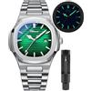 Gosasa - Orologio da uomo alla moda, in acciaio inox, movimento al quarzo, luminoso, impermeabile, con display analogico, verde