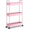 SOLEJAZZ Carrello portaoggetti a 3 ripiani, scorrevole, sottile, con rotelle, organizer per cucina, bagno, lavanderia, camera da letto, spazi stretti, plastica, rosa