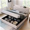 AB Store Letto Matrimoniale con Contenitore, Funzione di Ricarica USB Tipo C, in Cotone Lino, Senza Materasso, 140x200cm, Beige