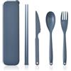 IDISON Grande set di posate da viaggio riutilizzabili con custodia, posate in plastica per adulti, accessori per il pranzo, utensili portatili da campeggio con bacchette, per uso quotidiano (blu scuro)