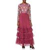 Frock and Frill Maxi Abito Ricamato a Maniche Lunghe con Gonna a Volant Vestito da Cocktail, Bacca, 46 Donna