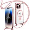 Oelrstfe Cover Trasparente con Cordino per iPhone 14 Pro con Magnetico, Custodia Sottile Morbido Silicone con Laccio Collana Tracolla Regolabile Antiurto Case con Collana per iPhone 14 Pro - Rose-Gold