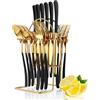 Wekity Set di stoviglie in argento dorato, 24 pezzi, con supporto per stoviglie in argento, coltello in acciaio inox, forchette, cucchiai, set di posate per 6, stoviglie da cucina per feste di nozze (oro