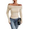 TrendiMax Camicetta da Donna a Maniche Lunghe con Spalle Scoperte Maglietta Elegante Maglia Aderente Jersey Sexy Beige, L