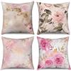 ASDCXZ Set di 4 federe per cuscino con fiori da 40 x 40 cm, motivo primavera retrò con fiori rosa e foglie, per divano, lavabile, poliestere, lino, tessuto, federa per cuscino