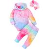 KONFEN Completo Neonata 3 Pezzi, Tie-dye Little Miss Neonato Vestiti Maniche Lunga Pagliaccetto con Cappuccio + Pantaloni + Fascia Rosa e Blu per Bambina Unisex 3 Pz Set per 0 Mesi