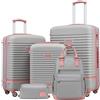 COOLIFE Set di Valigie,Trolley da Viaggio con 4 Rotelle Girevoli a 360° TSA Serratura 1 zaino da viaggio e 1 Borsa da toilette Incluso (Rosa/Grigio, Set da 5 Pezzi)