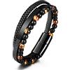 ATEIELLI Bracciale Pelle Uomo con pietra occhio di tigre 3 Strati 21/21.5cm B333 (Nero)