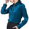 Generic Camicia da donna in seta con scollo a V a maniche lunghe allentata casual in raso camicetta, Blu pavone, XL