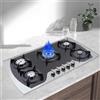ERnonde Fornello a gas in vetro da 90 cm, fornello a gas a 5 zone, doppio combustibile NG/LPG, piano superiore, piano in vetroceramica, nero, argento