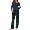 Namatime Pigiama lungo da donna, in cotone, con stampa loungewear in due pezzi, a maniche lunghe, con tasche, per autunno e inverno, Verde a quadri, L