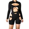 Loalirando Donne Sexy Aderente Pulsante Pagliaccetto Maniche Lunghe Tuta Hollow Out Fibbia Collo Alto Biker Breve Clubwear Body, Nero , S