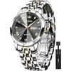 OLEVS Orologio da uomo in acciaio inox, design con diamanti, orologio da polso da uomo, impermeabile, con data e giorno, analogico al quarzo, Cinturino bicolore e quadrante nero