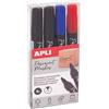 APLI 19685-4 pennarelli permanenti a punta tonda da da 3 mm, 2 neri, 1 blu, 1 rosso, multisuperficie.