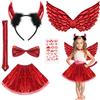 ACWOO Costume Diavolo Ragazza, Set 6 Pezzi con Ali, Gonna, Fascia, Papillon, Coda Rossa e Adesivo, per Carnevale Halloween Imitazione Cosplay Festa